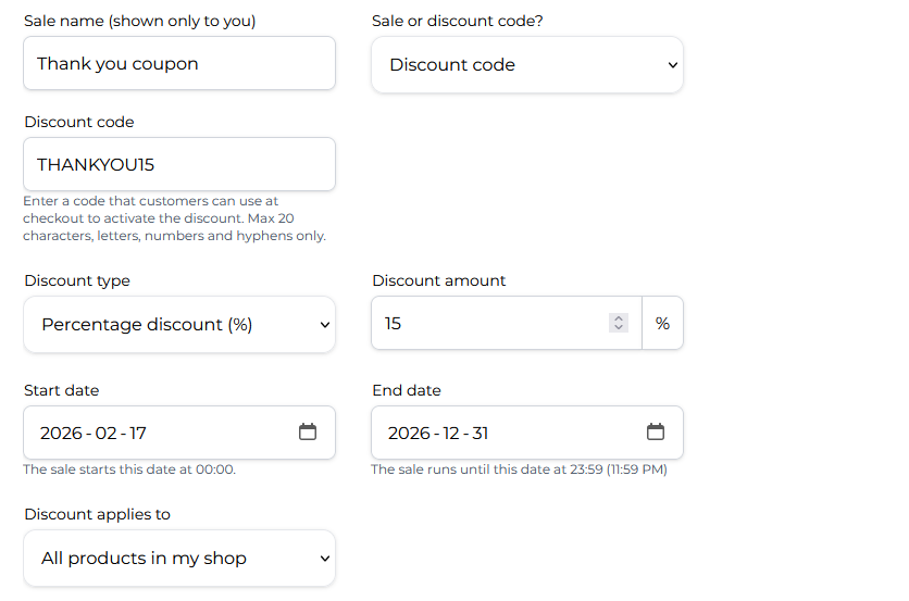 Creating a new discount code