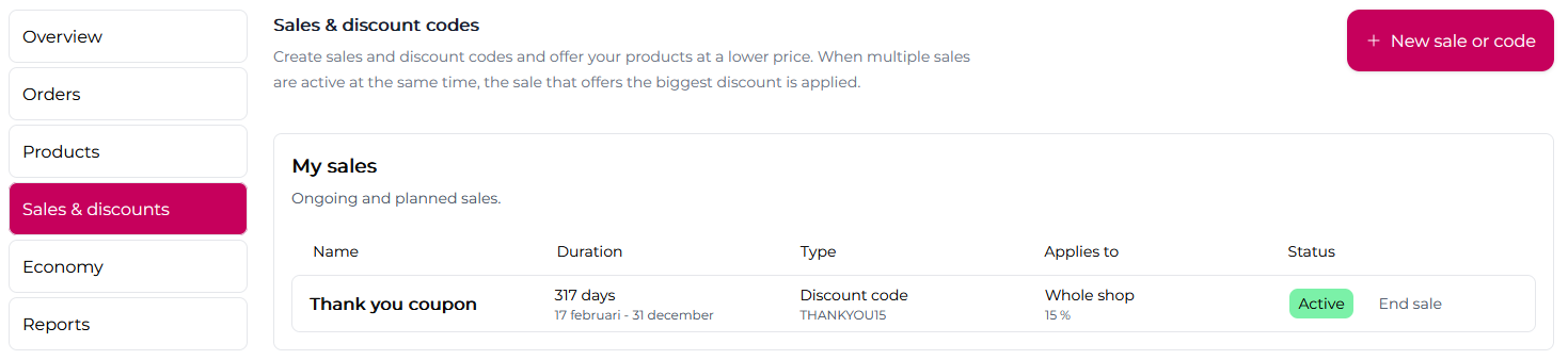 The new discount code created