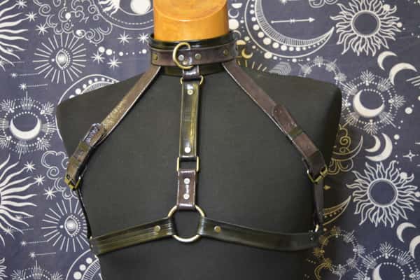 Cowhide leather harness attached to a leather collar with stainless steel rings and a leash. HANDMADE