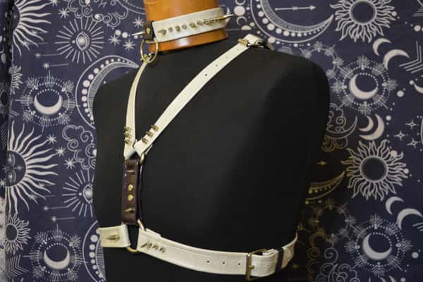 Handmade crocodile-print cowhide leather harness.