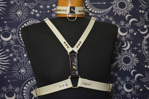 Handmade crocodile-print cowhide leather harness.