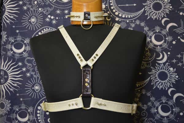 Handmade crocodile-print cowhide leather harness.