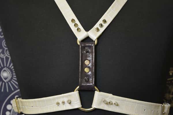 Handmade crocodile-print cowhide leather harness.