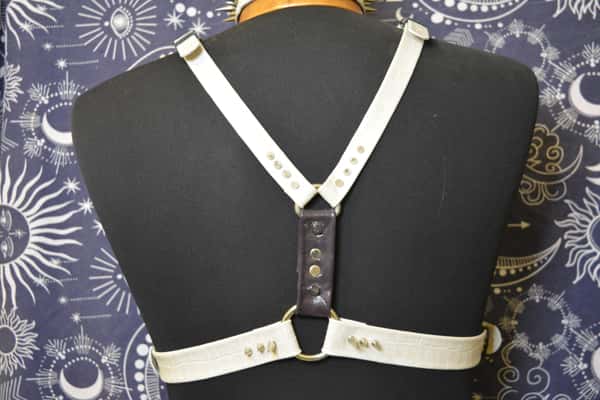 Handmade crocodile-print cowhide leather harness.