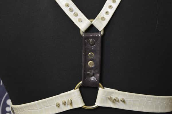 Handmade crocodile-print cowhide leather harness.